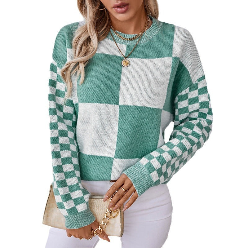 Damen modischer Pullover mit Karomuster und lässigem Schnitt EB