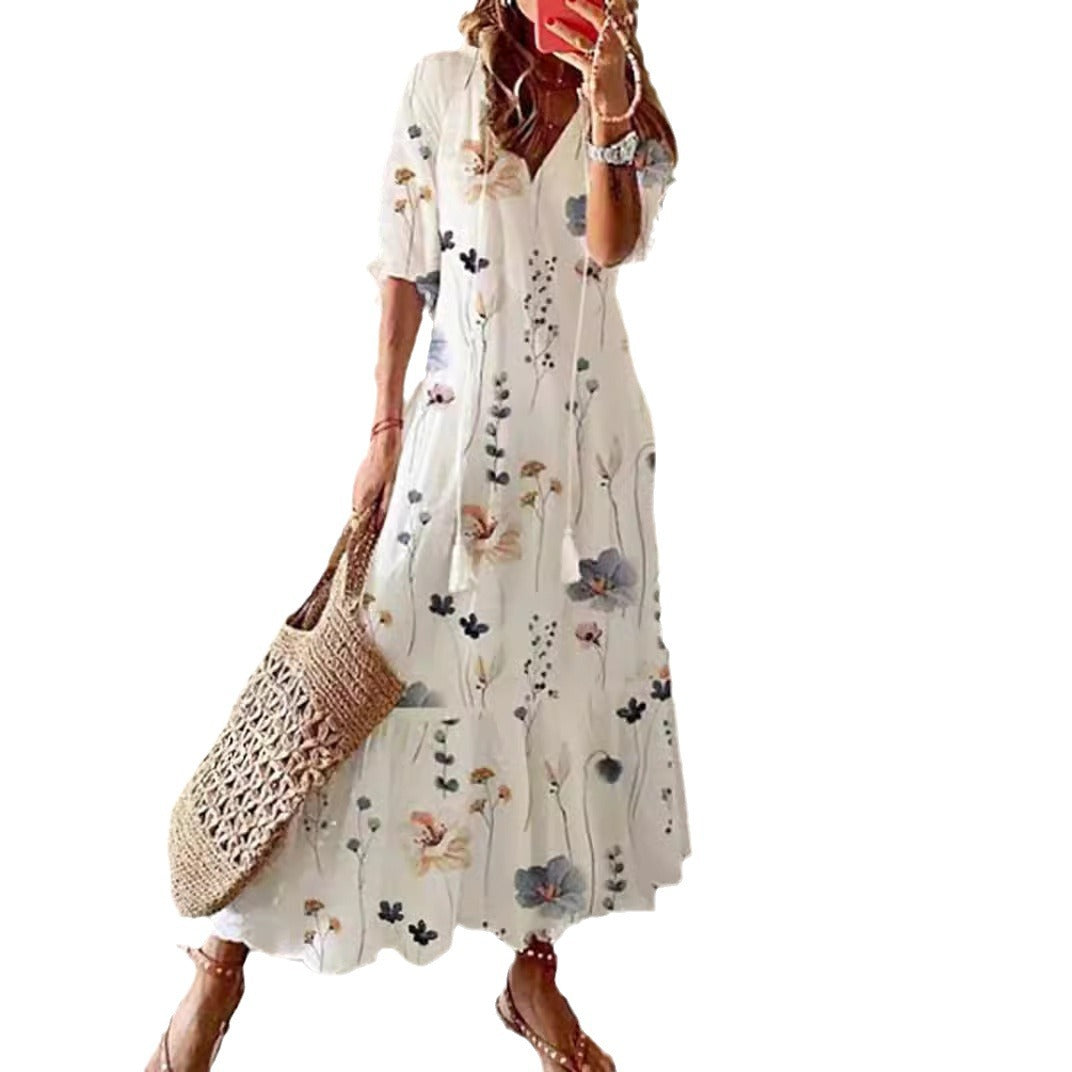 Damen nan knöchellanges A-Linien-Sommerkleid mit ganzflächigem Blumenmuster V-Ausschnitt und lockerem Fall EB