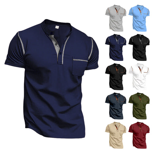 Herren nan modernes Kurzarm-Henley mit Stehkragen, Kontrastnähten und aufgesetzter Brusttasche EB