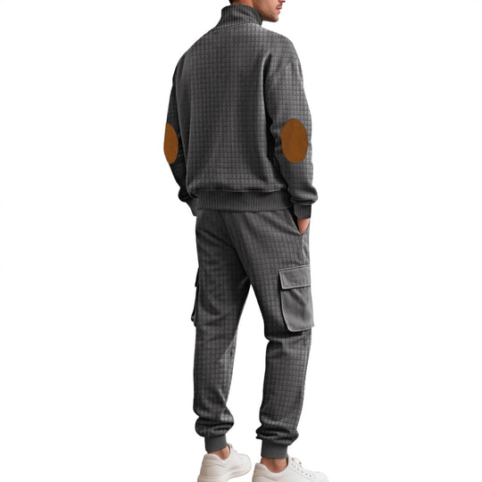 Herren nan Karo-Relief-Sweatset mit Stehkragen-Knopfleiste, Velours-Ellenbogenpatches und Cargo-Jogger EB