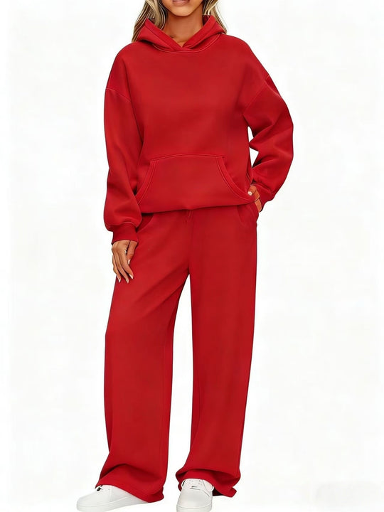 Damen nan Cozy-Loungewear-Set mit oversized Kapuzenpullover, Kängurutasche und weiten Palazzo-Jogginghose EB