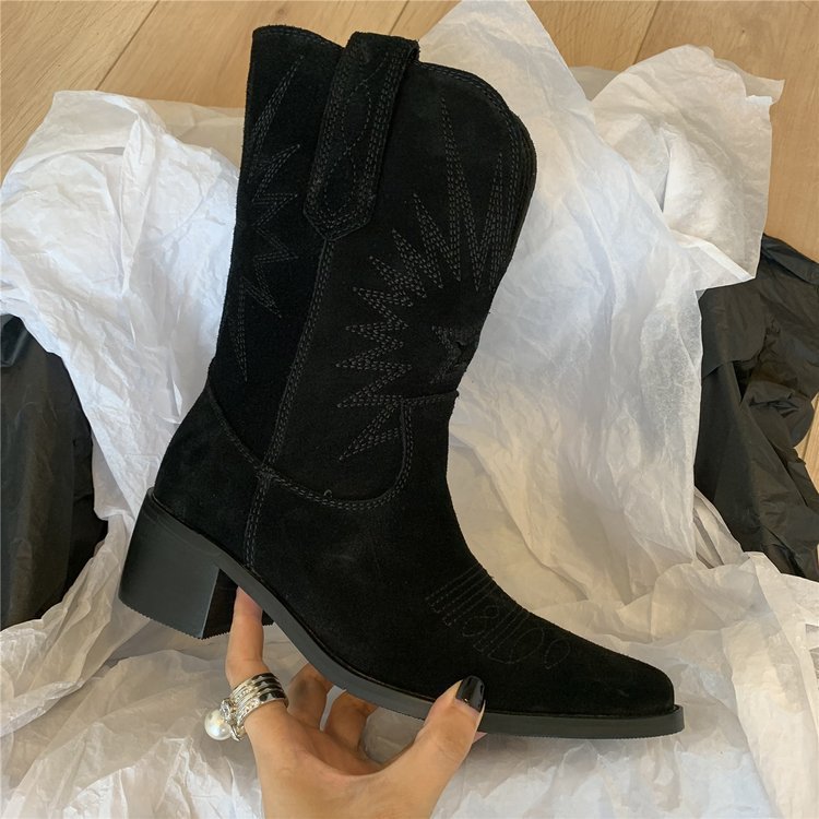 Damen nan Wildleder Westernstiefel mit spitzer Kappe und mittelhohem Blockabsatz EB