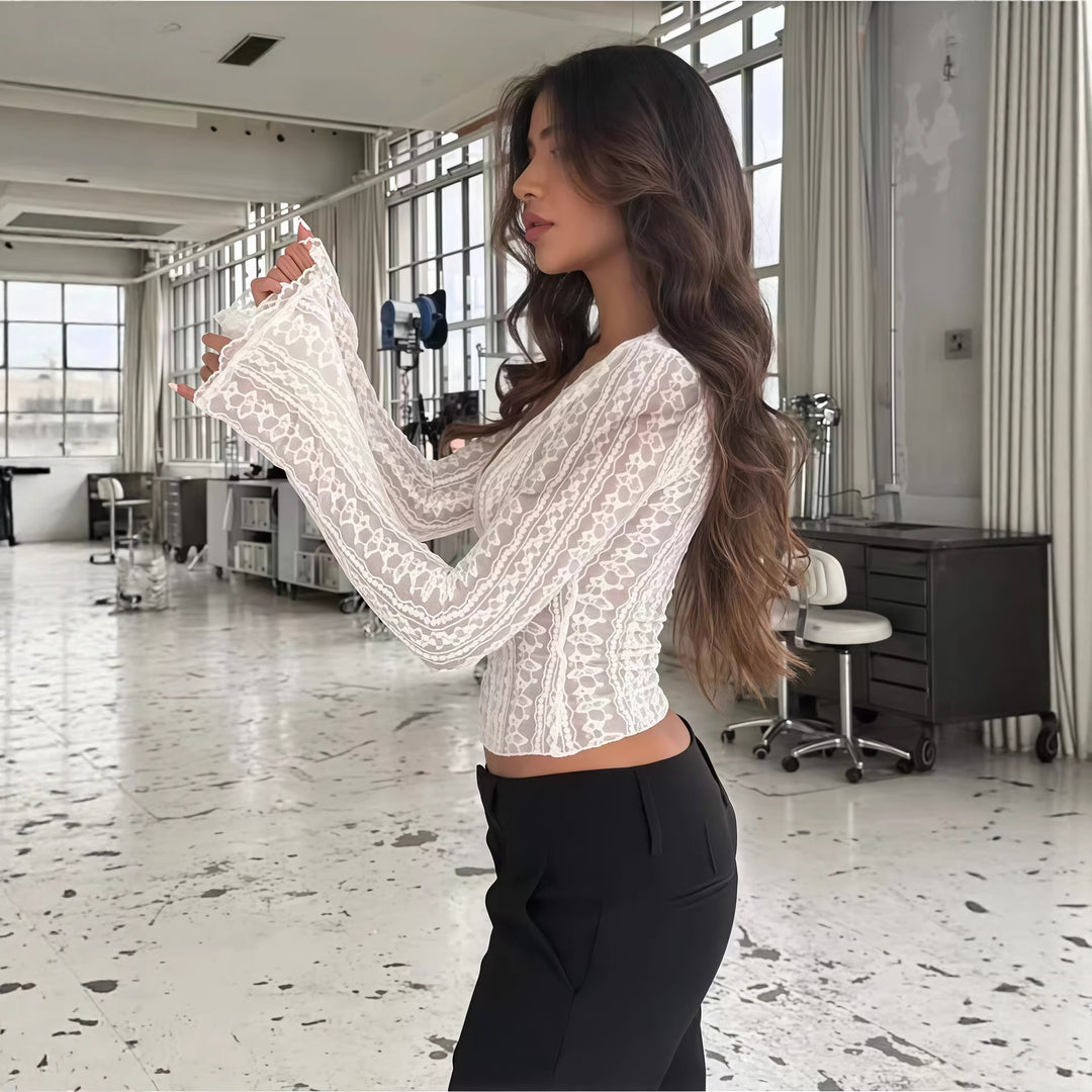 Damen Spitzenbluse mit transparentem Design und langen Ärmeln EB