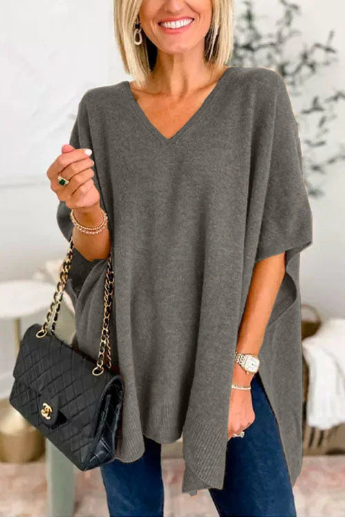 Damen V-Pullover aus feinem Strick mit weit geschnittenen Ärmeln und lässigem Stil EB