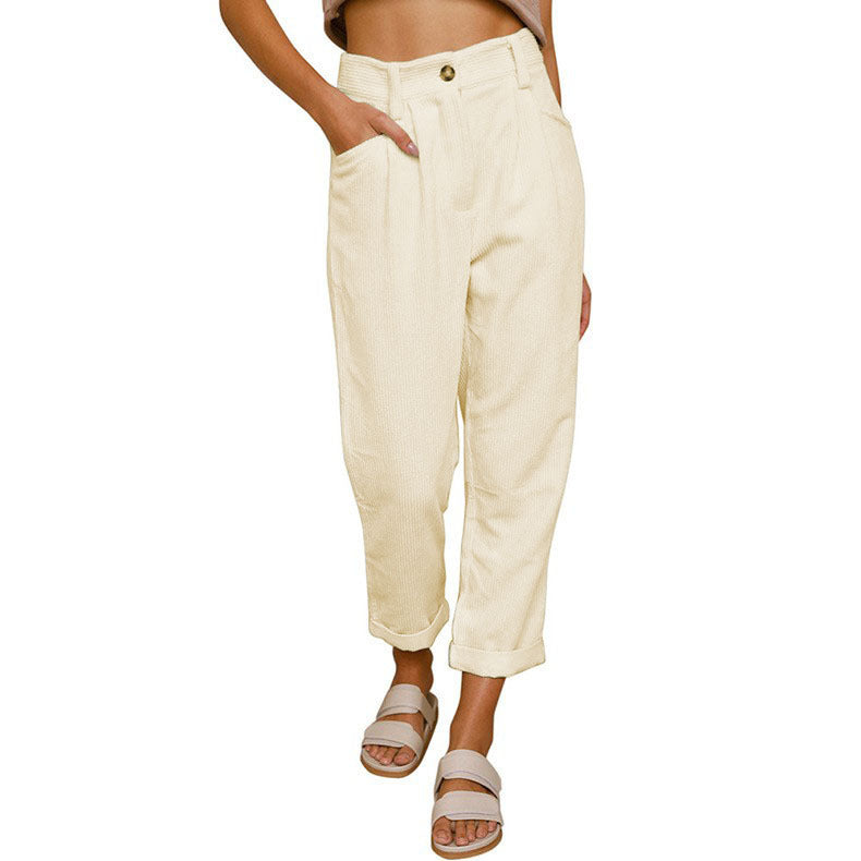 Damen modische Cordhose mit hohem Bund und weitem Bein EB