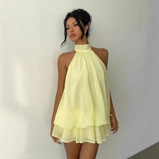 Damen lässiges Trägerkleid mit hochgeschlossenem Design und gerafftem Saum EB