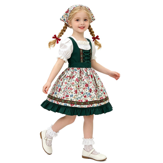 Damen nan traditionelles Kinderdirndl mit Schürze Haarband Spitzenbluse und Zierschnürung EB