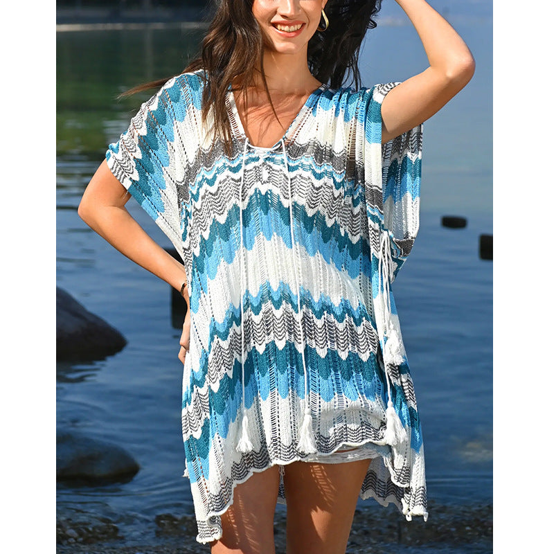 Damen lässiger Strandkimono im Wellenmuster mit offenen Ärmeln und seitlichen Schlitzen EB