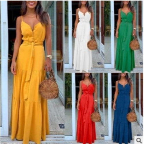 Damen Maxi-Kleid mit knöpfbarem Ausschnitt und Taillengürtel EB