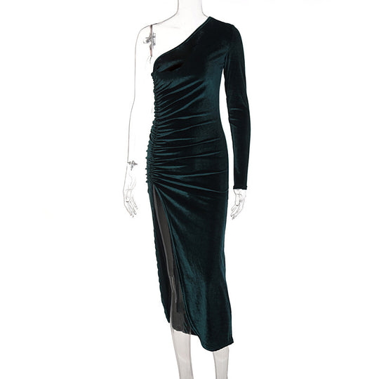 Damen stilvolles Ein-Schulter-Kleid mit Raffungen und Schlitz EB