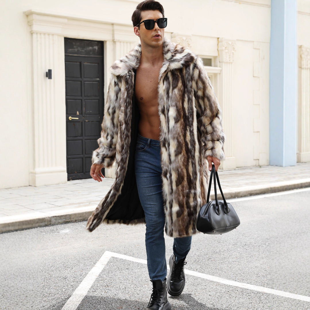 Herren Glamouröser Kunstpelzmantel mit voluminösem Kragen EB