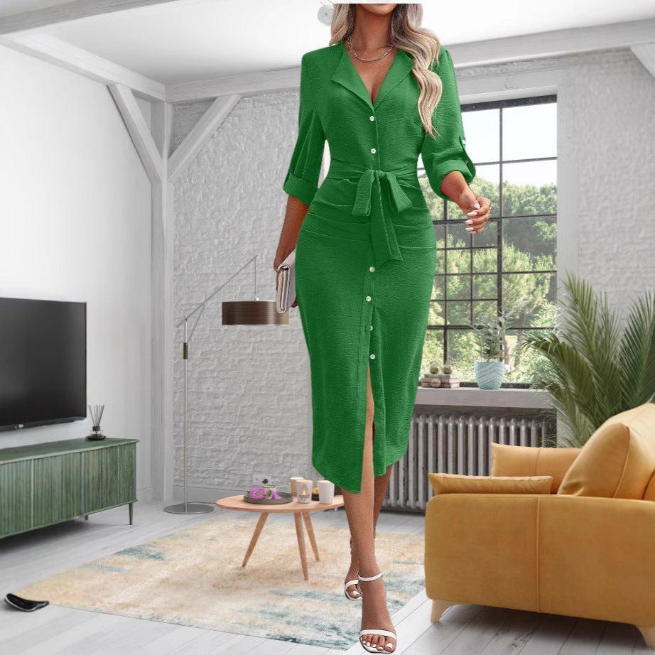 Damen Mittellanges Hemdblusenkleid mit Taillengürtel und Knopfleiste EB