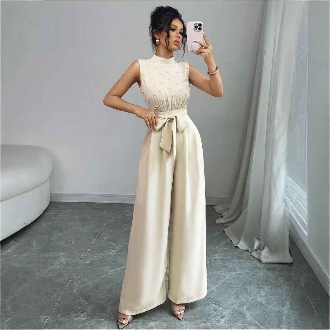 Damen Eleganter Jumpsuit mit Perlenbesatz, Stehkragen und weitem Palazzo-Bein EB