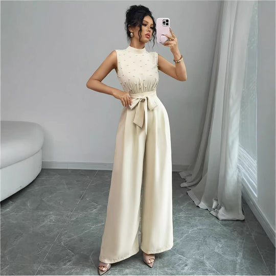 Damen Eleganter Jumpsuit mit Perlenbesatz, Stehkragen und weitem Palazzo-Bein EB