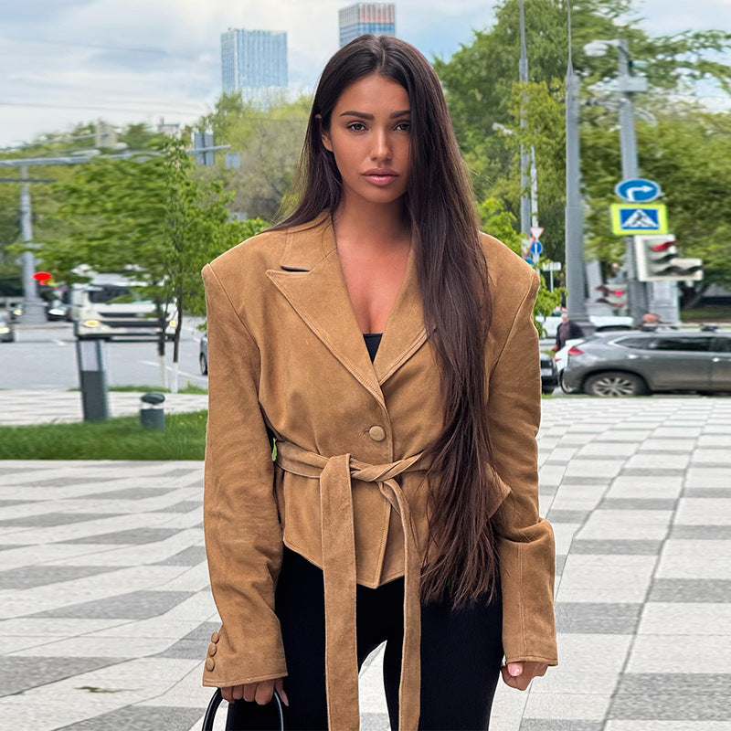 Damen Samt Blazer mit Taillengürtel EB