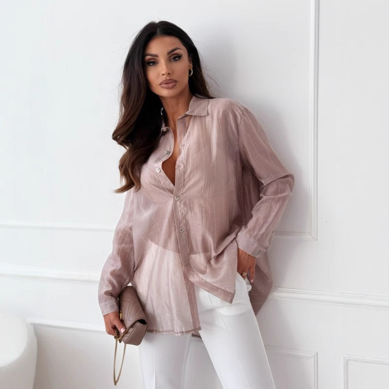 Damen elegante langärmlige Bluse mit feiner Struktur EB