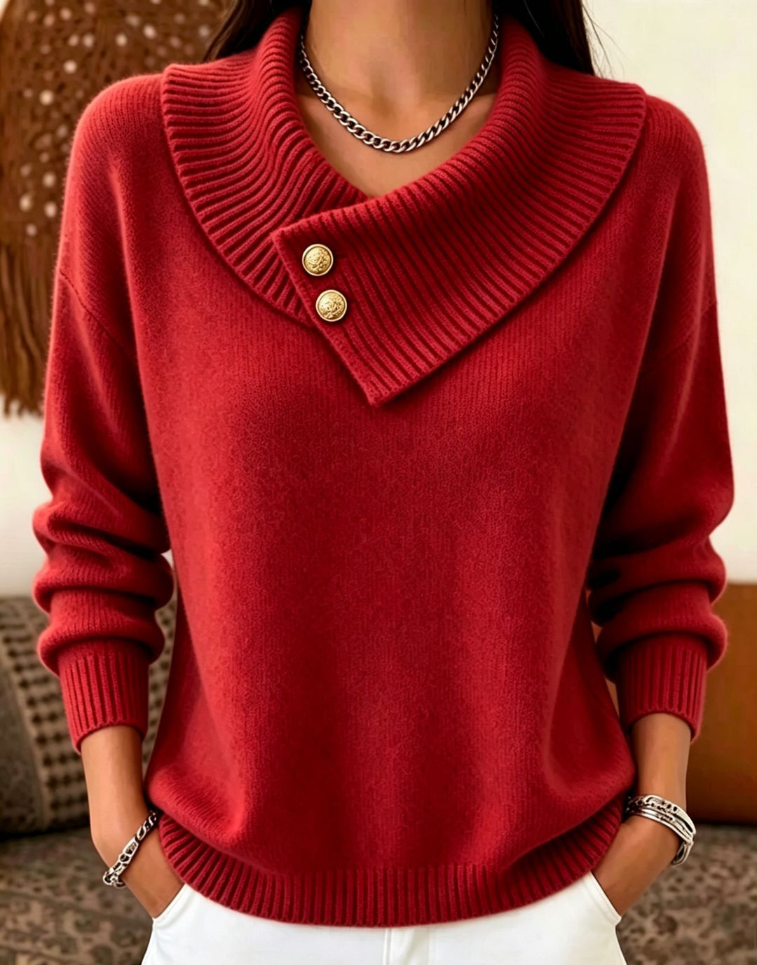 Damen Feinstrick-Pullover mit überlappendem Schalkragen und Zierknöpfen EB