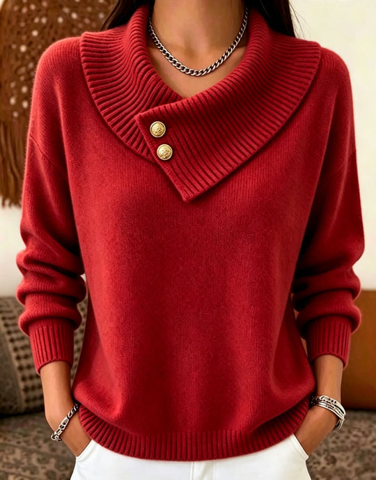 Damen Feinstrick-Pullover mit überlappendem Schalkragen und Zierknöpfen EB