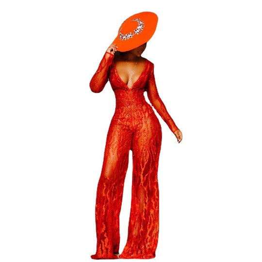 Damen Elegantes Jumpsuit aus transparenter Spitze mit V-Ausschnitt und weiten Beinen EB