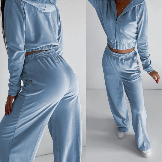 Damen kurz geschnittenes Samt-Lounge-Set mit tailliertem Zip-Hoodie und fließender Highwaist-Palazzohose EB