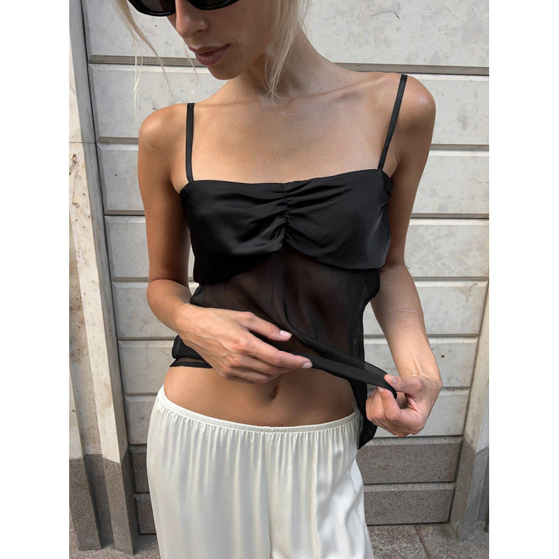 Damen Sexy Trägertop mit transparentem Stoff und raffiniertem Falten-Design EB