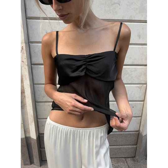 Damen Sexy Trägertop mit transparentem Stoff und raffiniertem Falten-Design EB