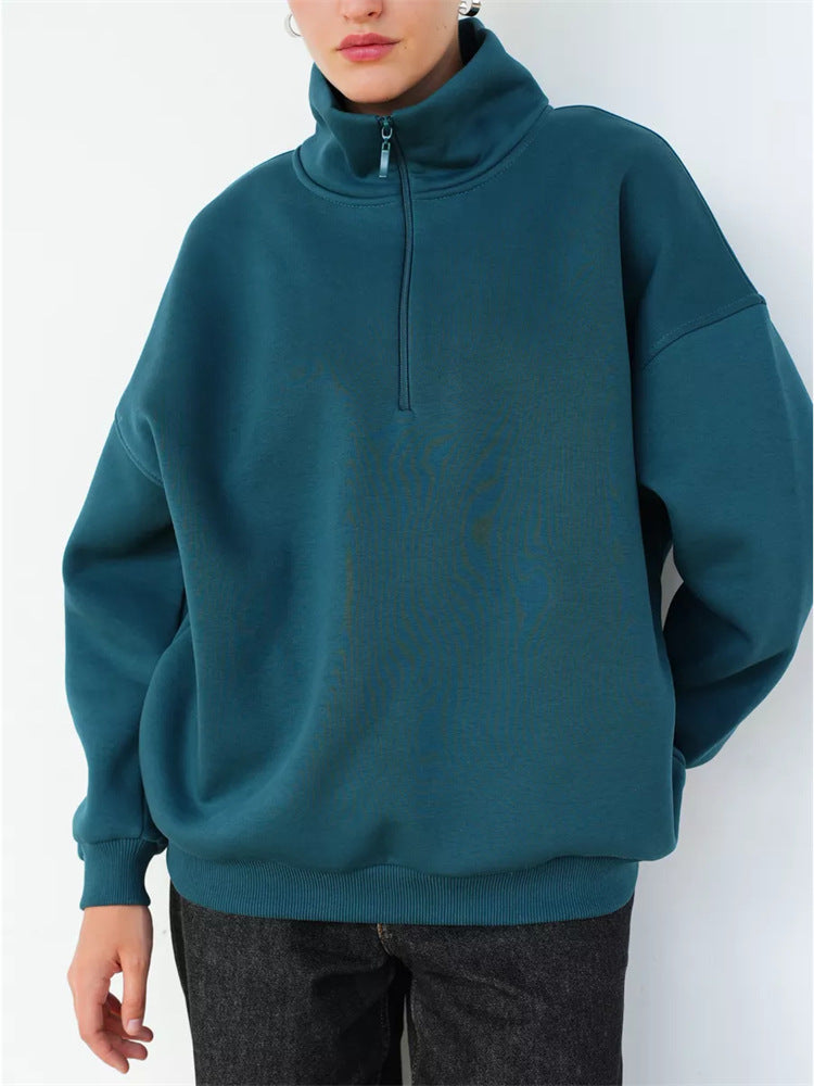 Damen Oversized Halbzip Sweater mit hohem Stehkragen und Rippbündchen EB
