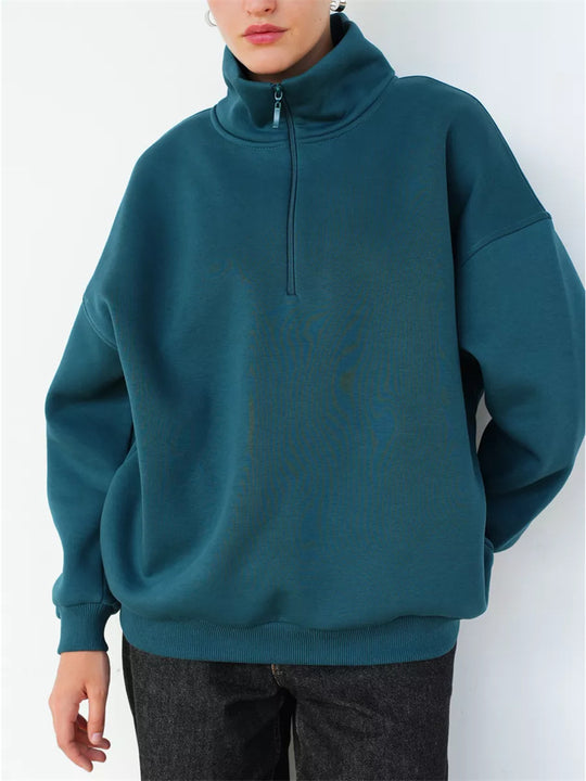 Damen Oversized Halbzip Sweater mit hohem Stehkragen und Rippbündchen EB