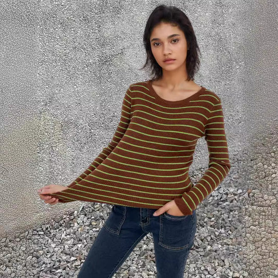 Damen Langärmliger Pullover mit modernem Streifenmuster und bequemem Schnitt EB
