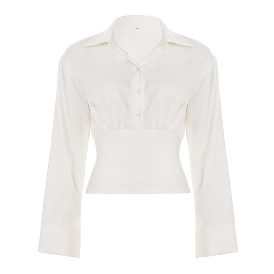 Damen nan taillierte Cropped-Bluse mit Hemdkragen und breitem Stretchbund EB
