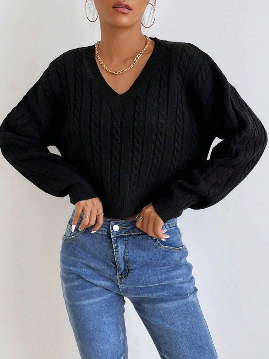 Damen Grobstrickpullover mit V-Ausschnitt und voluminösen Ärmeln EB