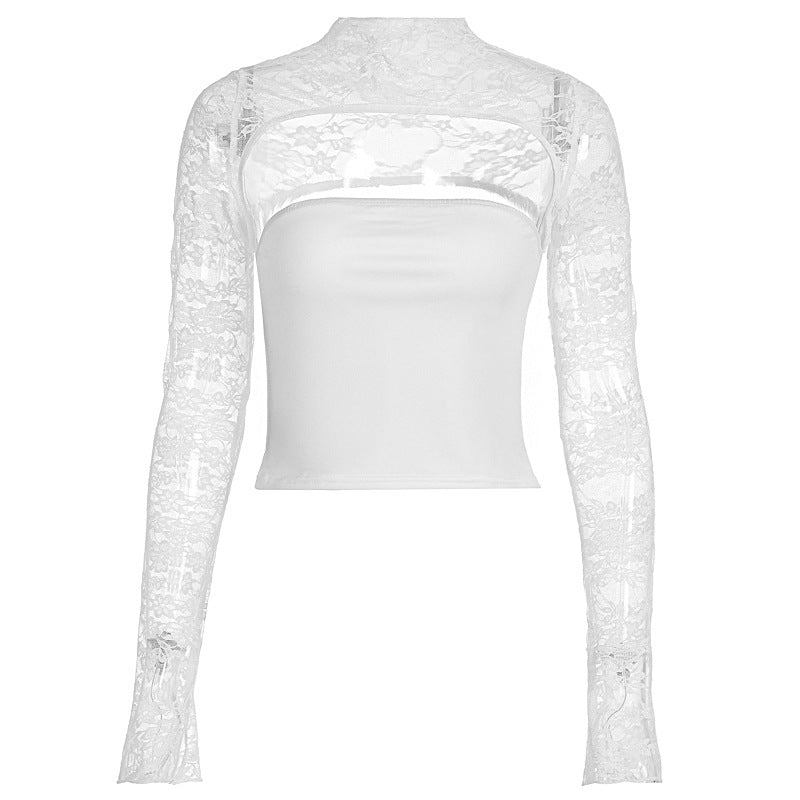 Damen Elegantes Oberteil mit transparenten Ärmeln und hochwertiger Spitze EB