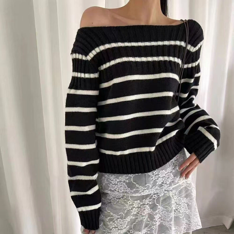 Damen Off-Shoulder Streifenpullover mit Rippstruktur EB