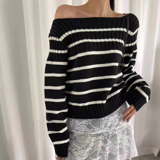 Damen Off-Shoulder Streifenpullover mit Rippstruktur EB