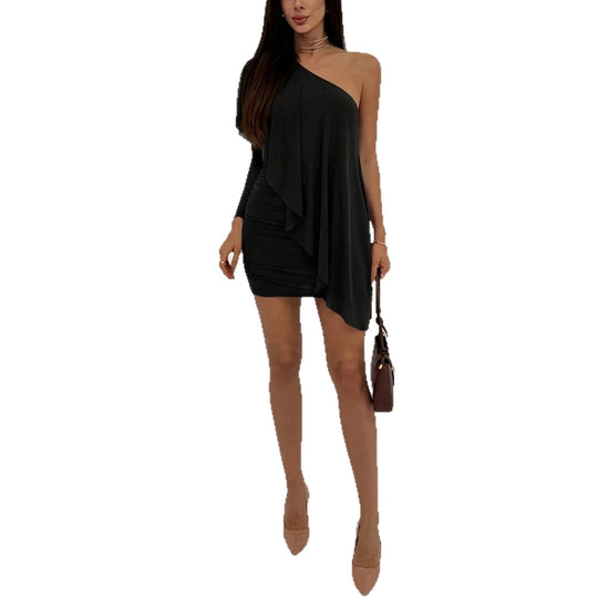 Damen nan asymmetrisches schulterfreies Minikleid mit Drapierung und gerafftem Rock EB