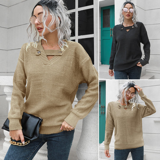 Damen Strickpullover mit einzigartigem V-Ausschnitt und eleganten Knopfdetails EB