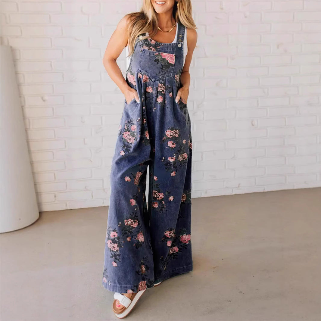 Damen Lässiger Denim-Hosenanzug mit floralem Print und weiten Beinen EB