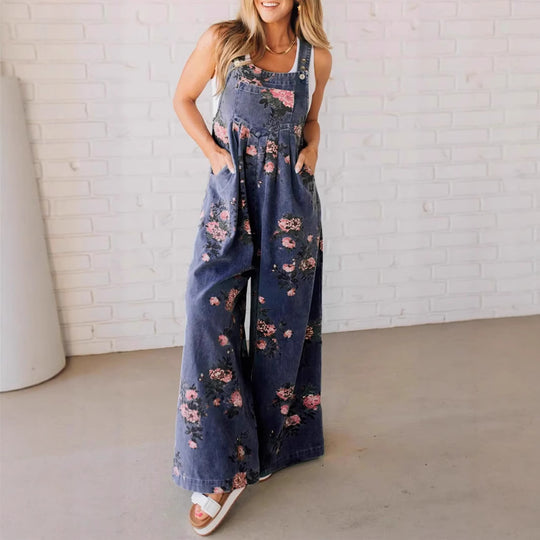 Damen Lässiger Denim-Hosenanzug mit floralem Print und weiten Beinen EB