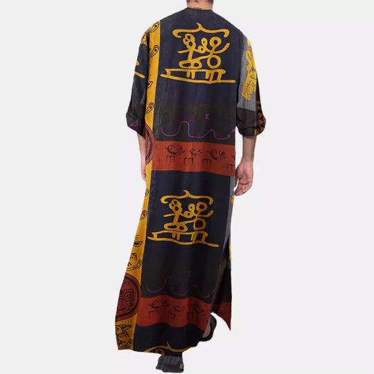 Damen nan Ethno-Maxikleid mit Stehkragen, kurzer Knopfleiste, überschnittenen Ärmeln und A-Linien-Schnitt EB
