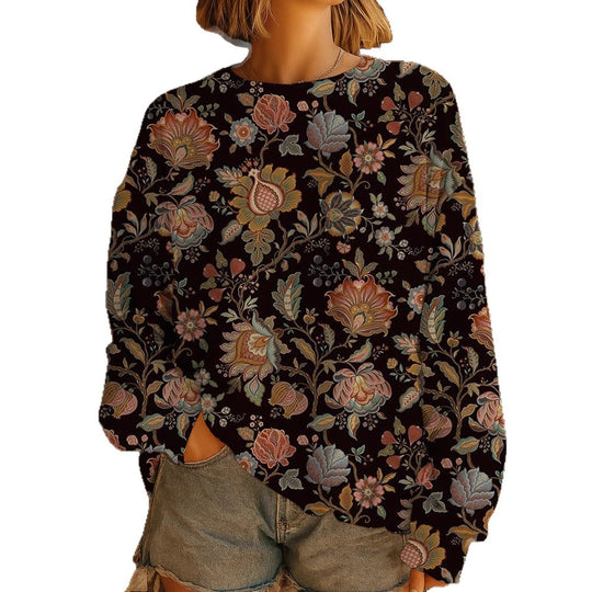 Damen Geblümter Oversize-Sweatshirt-Pullover mit Rundhals und Ballonärmeln EB