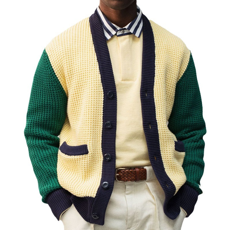 Herren Lässige Strickjacke im modernen Waffelmuster mit Kontrastärmeln und praktischen Taschen EB