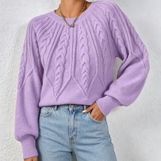 Damen kurzgeschnitteter Grobstrick-Zopfpullover mit Ballonärmeln EB
