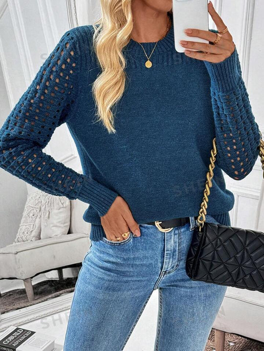 Damen Strickpullover mit netzartigem Ärmeldesign EB