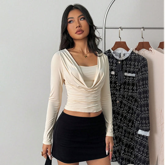 Damen drapiertes Langarm-Cropped-Top mit Wasserfall-Cowl Untertop-Einsatz und taillierter Raffung Eichborn Berlin