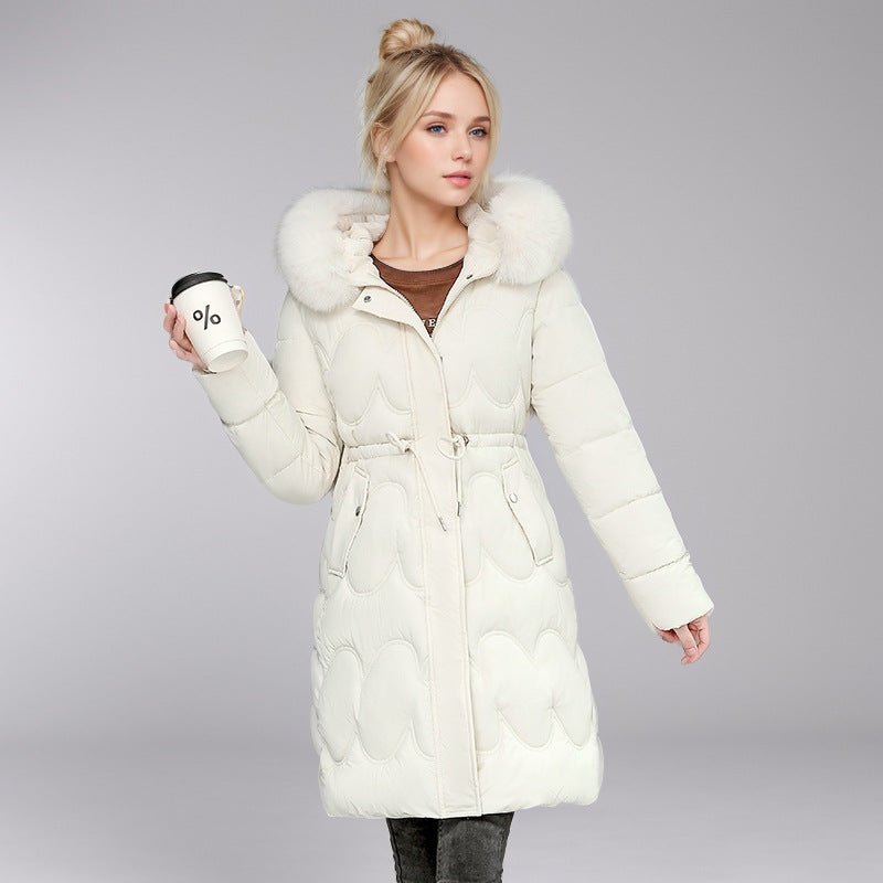 Damen modischer Puffer-Mantel mit abnehmbarem Kunstfellkragen und taillierbarem Gummizug EB