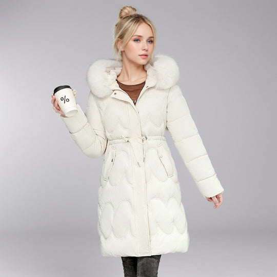 Damen modischer Puffer-Mantel mit abnehmbarem Kunstfellkragen und taillierbarem Gummizug EB