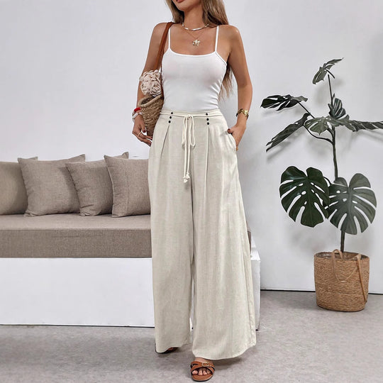 Damen Weit geschnittene Leinenhose mit verstellbarem Bund EB