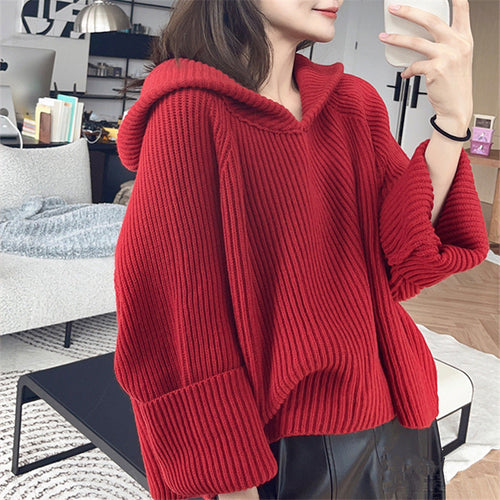 Damen lässiger Strickpullover mit Kapuze und weit geschnittenen Ärmeln EB