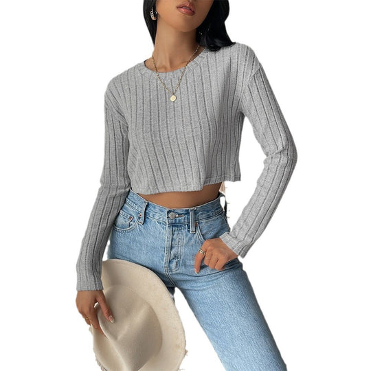 Damen kurzes geripptes Cropped-Strickoberteil mit Rundhalsausschnitt und tailliertem Schnitt Eichborn Berlin
