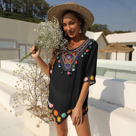 Damen luftiger Kaftan mit buntem Häkelmuster EB